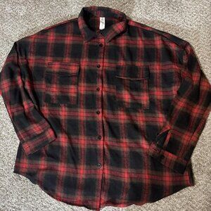 Plaid Flannel Shirt Mens Medium Red Black Long Sleeve Button Front Casual